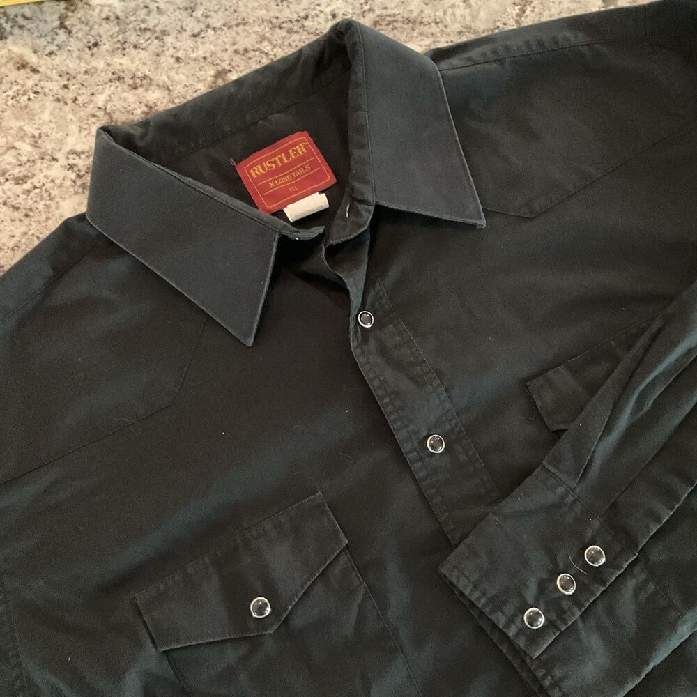 Rustler Shirt Mens 2XL Black Pearl Snap Long Sleeve Western Cowboy Long Tails